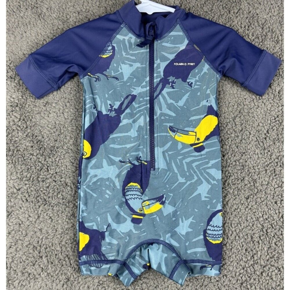 Polarn Pyret Baby Boy 6-12 Swimsuit Rash Guard Surf Suit Teal Blue Bird Toucan